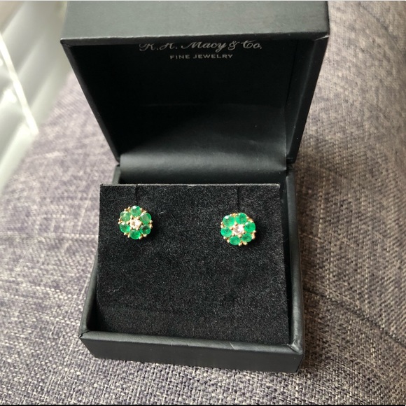 Emerald Flower Stud Earrings in 14k Gold + Emerald Gemstones Green  $950 - Picture 12 of 16